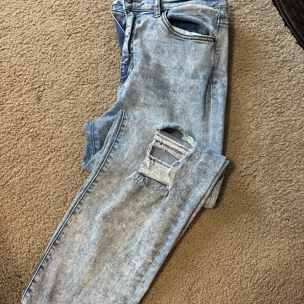 Sneak Peek Blue Straight Leg Jeans with Distressed Finish